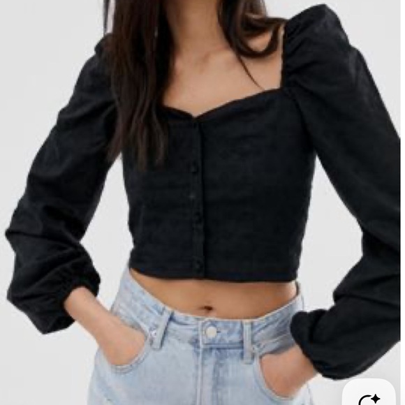 stradivarius Tops - ASOS Black Puff-Sleeve Cropped Button Front Top - small